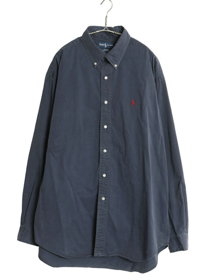 90s ラルフローレン 長袖 ボタンダウン シャツ メンズ XL オールド ポロ BLAKE コットン ワンポイント ポニー ネイビー 無地 大きいサイズ