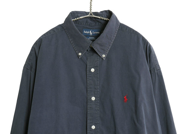 90s ラルフローレン 長袖 ボタンダウン シャツ メンズ XL オールド ポロ BLAKE コットン ワンポイント ポニー ネイビー 無地 大きいサイズ
