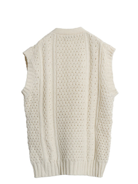 アイルランド製 フィッシャーマン ケーブル ニット ベスト メンズ XL 程/ ウール アラン ハンドメイド 手編み 前開き 重ね着 大きいサイズ