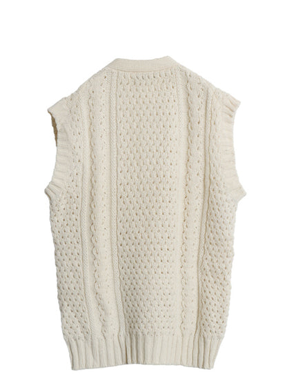 アイルランド製 フィッシャーマン ケーブル ニット ベスト メンズ XL 程/ ウール アラン ハンドメイド 手編み 前開き 重ね着 大きいサイズ