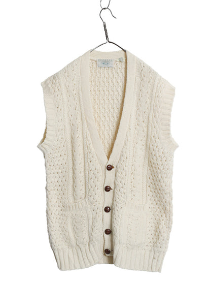 アイルランド製 フィッシャーマン ケーブル ニット ベスト メンズ XL 程/ ウール アラン ハンドメイド 手編み 前開き 重ね着 大きいサイズ