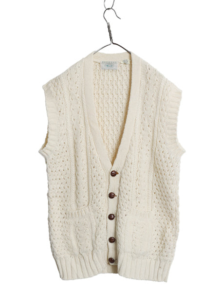 アイルランド製 フィッシャーマン ケーブル ニット ベスト メンズ XL 程/ ウール アラン ハンドメイド 手編み 前開き 重ね着 大きいサイズ