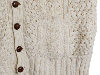 アイルランド製 フィッシャーマン ケーブル ニット ベスト メンズ XL 程/ ウール アラン ハンドメイド 手編み 前開き 重ね着 大きいサイズ