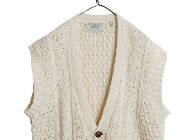 アイルランド製 フィッシャーマン ケーブル ニット ベスト メンズ XL 程/ ウール アラン ハンドメイド 手編み 前開き 重ね着 大きいサイズ