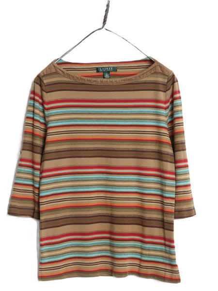 00s ローレン ラルフローレン ボーダー 長袖 Tシャツ レディース XL / オールド コットン リブ編み 7分袖 トリム ボートネック カットソー