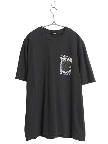 ステューシー 両面 アート イラスト プリント Tシャツ メンズ L / ヘビーウェイト コットン フラワー グラフィック ストック ロゴ ブラック