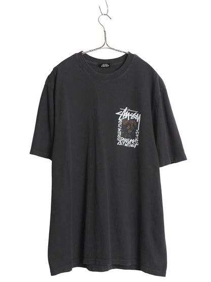 ステューシー 両面 アート イラスト プリント Tシャツ メンズ L / ヘビーウェイト コットン フラワー グラフィック ストック ロゴ ブラック