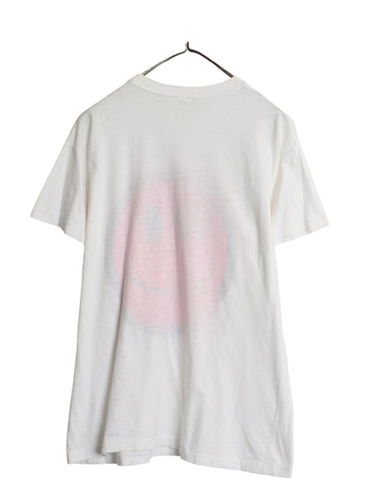 80s スマイル イラスト プリント Tシャツ メンズ M レディース L 程 ヴィンテージ キャラクター グラフィック アート ニコちゃん 白 ピンク