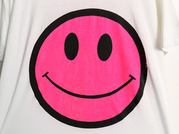 80s スマイル イラスト プリント Tシャツ メンズ M レディース L 程 ヴィンテージ キャラクター グラフィック アート ニコちゃん 白 ピンク