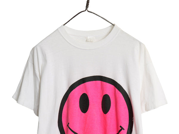 80s スマイル イラスト プリント Tシャツ メンズ M レディース L 程 ヴィンテージ キャラクター グラフィック アート ニコちゃん 白 ピンク