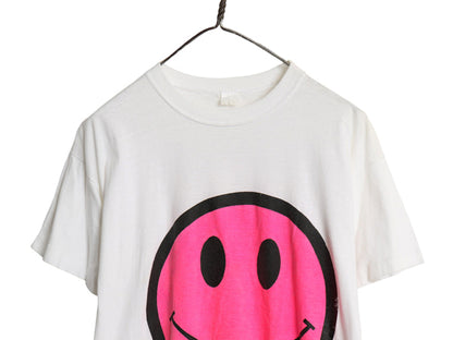 80s スマイル イラスト プリント Tシャツ メンズ M レディース L 程 ヴィンテージ キャラクター グラフィック アート ニコちゃん 白 ピンク