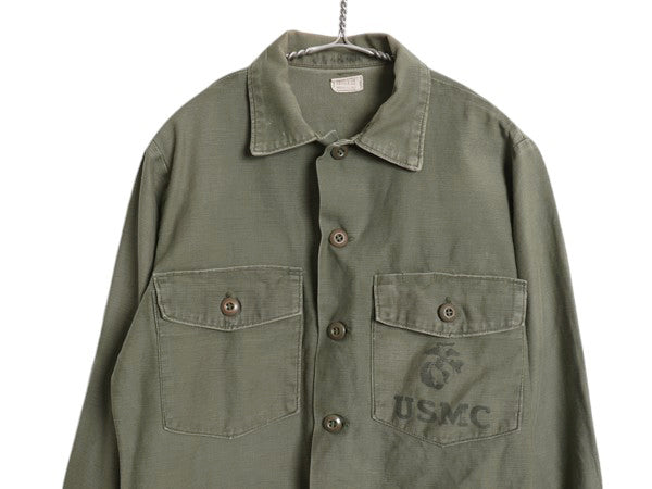 70s 米軍実物 USMC コットン サテン ユーティリティ シャツ M / 古着 ヴィンテージ OG107 シャツ袖 4th 軍物 ミリタリー 海兵隊 ステンシル