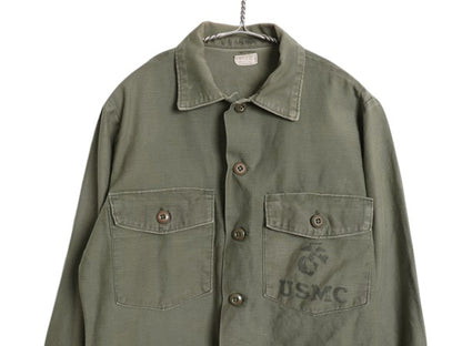 70s 米軍実物 USMC コットン サテン ユーティリティ シャツ M / 古着 ヴィンテージ OG107 シャツ袖 4th 軍物 ミリタリー 海兵隊 ステンシル