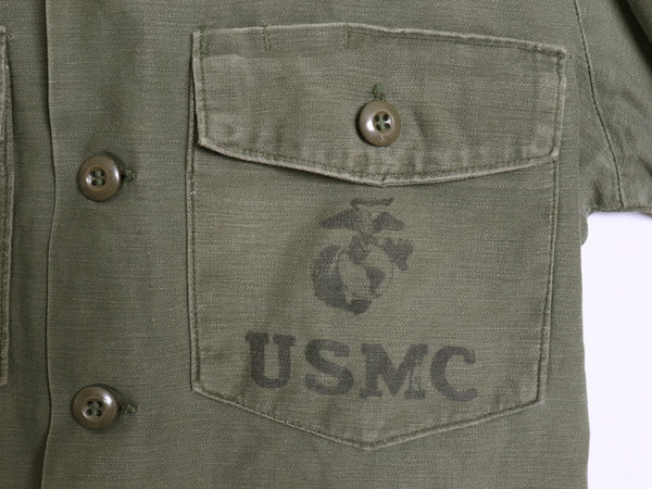 70s 米軍実物 USMC コットン サテン ユーティリティ シャツ M / 古着 ヴィンテージ OG107 シャツ袖 4th 軍物 ミリタリー 海兵隊 ステンシル