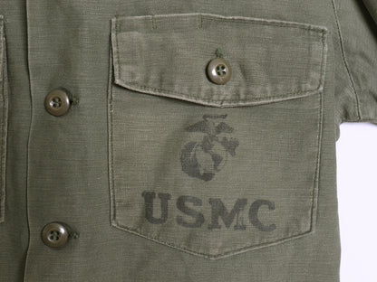 70s 米軍実物 USMC コットン サテン ユーティリティ シャツ M / 古着 ヴィンテージ OG107 シャツ袖 4th 軍物 ミリタリー 海兵隊 ステンシル