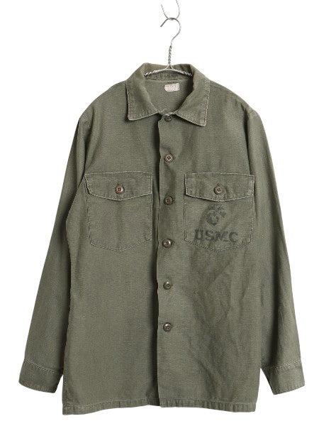 70s 米軍実物 USMC コットン サテン ユーティリティ シャツ M / 古着 ヴィンテージ OG107 シャツ袖 4th 軍物 ミリタリー 海兵隊 ステンシル
