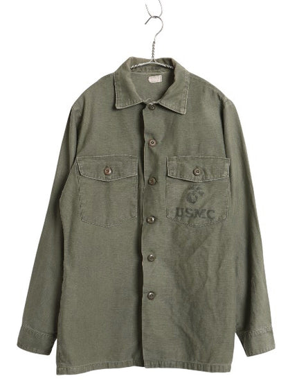 70s 米軍実物 USMC コットン サテン ユーティリティ シャツ M / 古着 ヴィンテージ OG107 シャツ袖 4th 軍物 ミリタリー 海兵隊 ステンシル