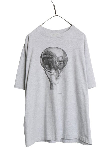 90s USA製 ★ エッシャー アート イラスト プリント Tシャツ メンズ XL ヴィンテージ 当時物 オフィシャル 芸術 だまし絵 グラフィック 灰