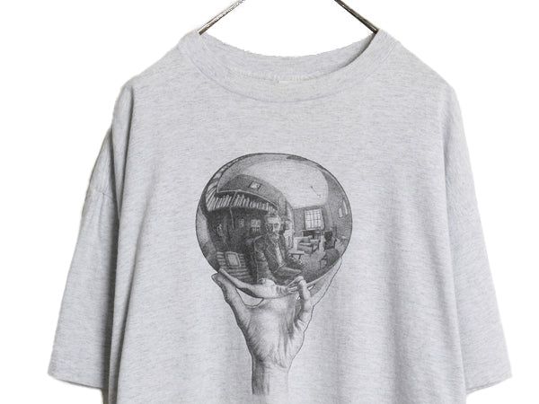 90s USA製 ★ エッシャー アート イラスト プリント Tシャツ メンズ XL ヴィンテージ 当時物 オフィシャル 芸術 だまし絵 グラフィック 灰