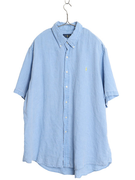 ラルフローレン 半袖 ボタンダウン シャツ メンズ XXL / オールド ポロ 100% リネン 麻 半袖シャツ 高級 ワンポイント 大きいサイズ ブルー