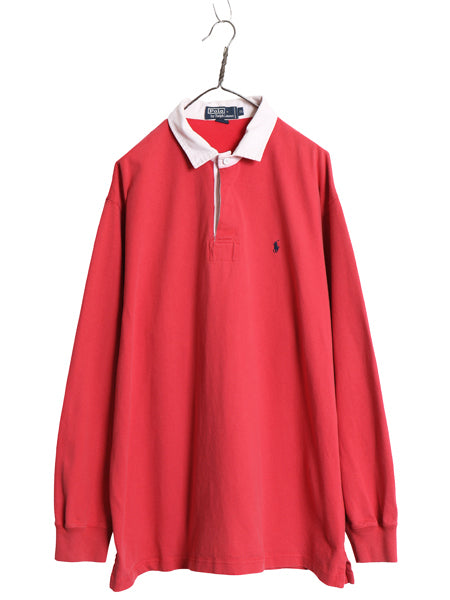 90s ポロ ラルフローレン 長袖 ラガーシャツ メンズ XL オールド ラグビー ワンポイント ポニー ボックス 大きいサイズ ヘビーウェイト 赤