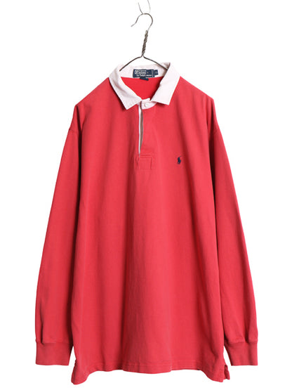 90s ポロ ラルフローレン 長袖 ラガーシャツ メンズ XL オールド ラグビー ワンポイント ポニー ボックス 大きいサイズ ヘビーウェイト 赤