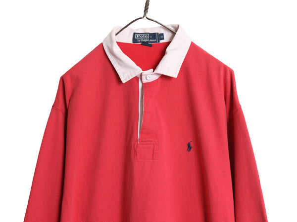 90s ポロ ラルフローレン 長袖 ラガーシャツ メンズ XL オールド ラグビー ワンポイント ポニー ボックス 大きいサイズ ヘビーウェイト 赤