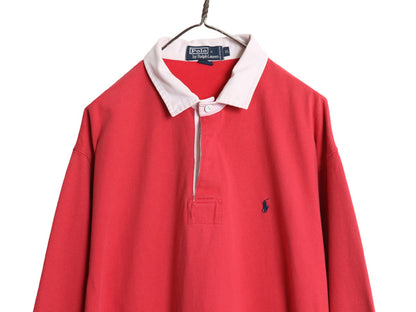 90s ポロ ラルフローレン 長袖 ラガーシャツ メンズ XL オールド ラグビー ワンポイント ポニー ボックス 大きいサイズ ヘビーウェイト 赤