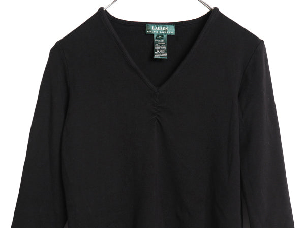 90's ローレン ラルフローレン Vネック 7分袖 カットソー レディース M オールド ポロ ストレッチ レーヨン 長袖Tシャツ トップス 無地 黒