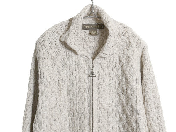 90s アイルランド製 INIS CRAFTS フルジップ フィッシャーマン ニット セーター ジャケット レディース M / オールド メリノ ウール ロング