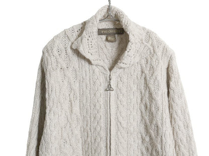 90s アイルランド製 INIS CRAFTS フルジップ フィッシャーマン ニット セーター ジャケット レディース M / オールド メリノ ウール ロング