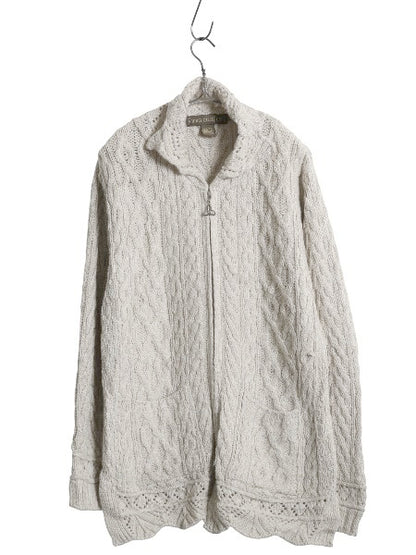 90s アイルランド製 INIS CRAFTS フルジップ フィッシャーマン ニット セーター ジャケット レディース M / オールド メリノ ウール ロング