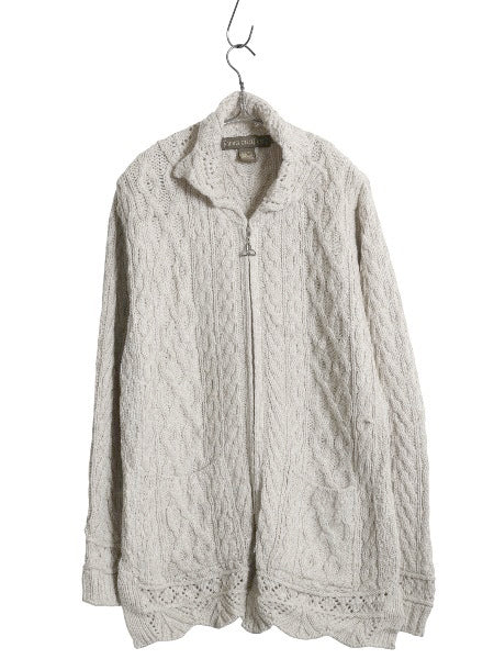 90s アイルランド製 INIS CRAFTS フルジップ フィッシャーマン ニット セーター ジャケット レディース M / オールド メリノ ウール ロング