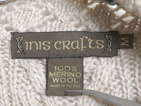 90s アイルランド製 INIS CRAFTS フルジップ フィッシャーマン ニット セーター ジャケット レディース M / オールド メリノ ウール ロング