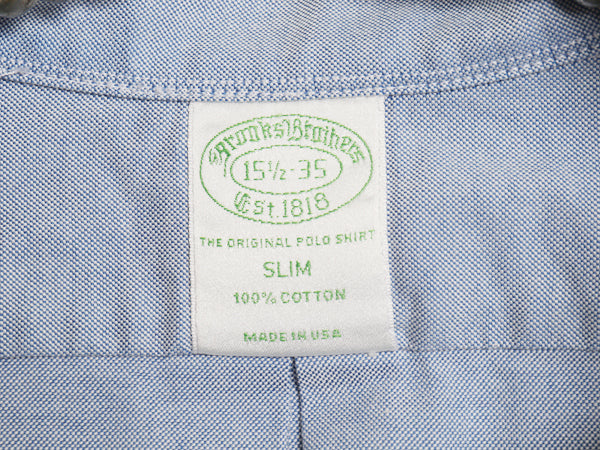 USA製 ブルックスブラザーズ 長袖 ボタンダウン シャツ メンズ M 程/ SLIM オックスフォード コットン ワイシャツ ビジネス BD ブルー 無地