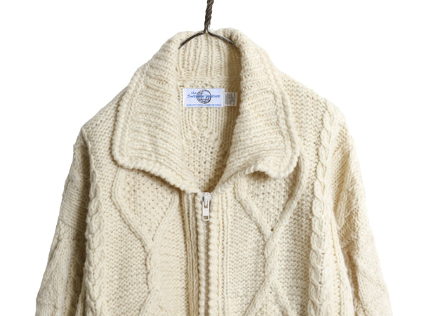  エクアドル製 フルジップ ケーブル ニット セーター ジャケット メンズ レディース L 程/ 手編み ハンドメイド カウチン フィッシャーマン