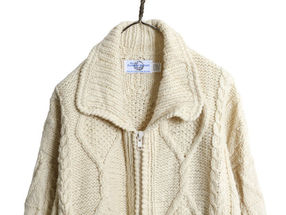  エクアドル製 フルジップ ケーブル ニット セーター ジャケット メンズ レディース L 程/ 手編み ハンドメイド カウチン フィッシャーマン