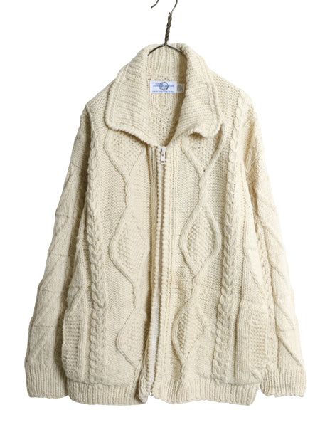  エクアドル製 フルジップ ケーブル ニット セーター ジャケット メンズ レディース L 程/ 手編み ハンドメイド カウチン フィッシャーマン