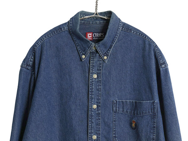 90s チャップス ラルフローレン 長袖 ボタンダウン デニム シャツ メンズ M オールド ポロ コットン ワンポイント ポケット付き BD ブルー