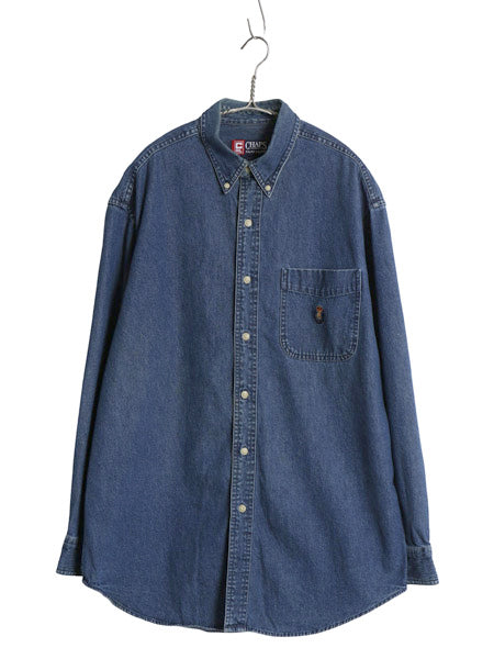 90s チャップス ラルフローレン 長袖 ボタンダウン デニム シャツ メンズ M オールド ポロ コットン ワンポイント ポケット付き BD ブルー