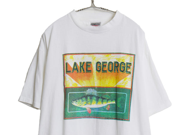 デッドストック 90s USA製 フィッシュ イラスト プリント Tシャツ メンズ XL / オールド アウトドア アート 両面 大きいサイズ 白 アニマル