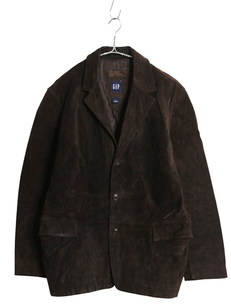 00s オールド ギャップ 本革 スウェード レザー テーラード ジャケット メンズ L 革ジャン ブレザー ライナー付き シンプル ゆったり 濃茶