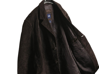 00s オールド ギャップ 本革 スウェード レザー テーラード ジャケット メンズ L 革ジャン ブレザー ライナー付き シンプル ゆったり 濃茶