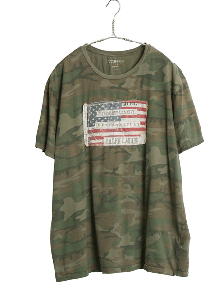 デニム&サプライ ラルフローレン 迷彩 半袖 Tシャツ メンズ XXL 古着 ポロ ヴィンテージ 加工 星条旗 シングルステッチ  総柄 大きいサイズ