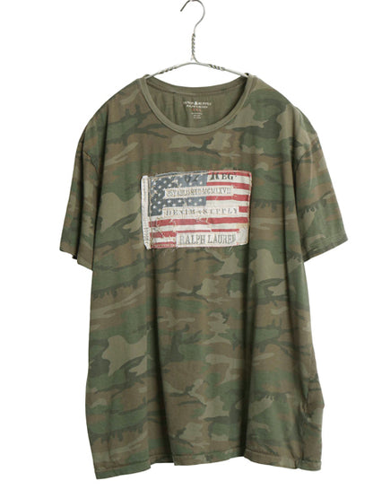 デニム&サプライ ラルフローレン 迷彩 半袖 Tシャツ メンズ XXL 古着 ポロ ヴィンテージ 加工 星条旗 シングルステッチ  総柄 大きいサイズ