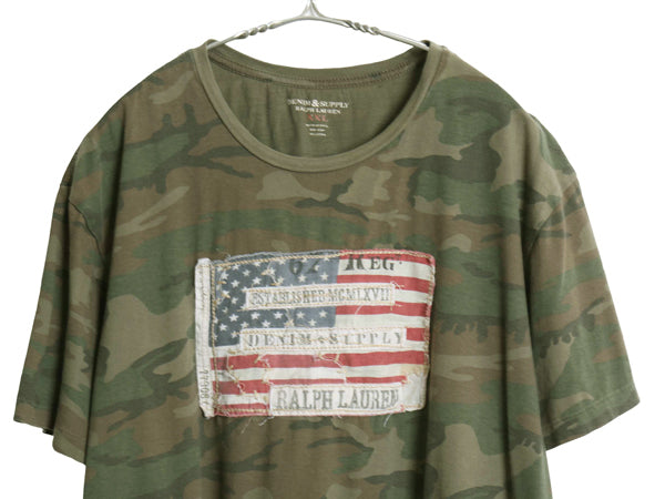 デニム&サプライ ラルフローレン 迷彩 半袖 Tシャツ メンズ XXL 古着 ポロ ヴィンテージ 加工 星条旗 シングルステッチ  総柄 大きいサイズ
