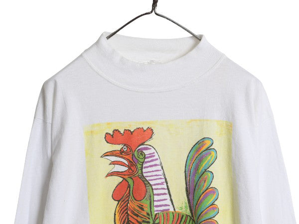 80s USA製 ★ ピカソ 雄鶏 アート イラスト プリント Tシャツ メンズ L 古着 ヴィンテージ オフィシャル モックネック ロンT 偉人 絵画 白