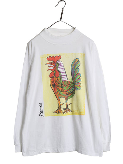 80s USA製 ★ ピカソ 雄鶏 アート イラスト プリント Tシャツ メンズ L 古着 ヴィンテージ オフィシャル モックネック ロンT 偉人 絵画 白