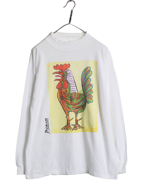 80s USA製 ★ ピカソ 雄鶏 アート イラスト プリント Tシャツ メンズ L 古着 ヴィンテージ オフィシャル モックネック ロンT 偉人 絵画 白