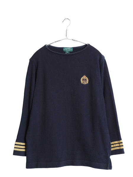 90s ローレン ラルフローレン クレスト ロゴ刺繍 カットソー レディース S オールド ストレッチ コットン ニット リブ編み ボートネック 紺
